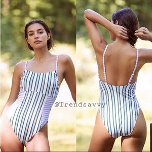 Anthropologie Maeve Striped One Piece Swimsuit Blue White XS NWT Beach